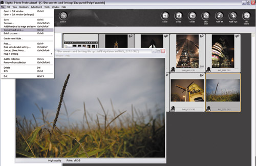 Canon Digital Photo Professional - Na tym etapie fotografi mona jeszcze podda drobnej korekcie, ale nas interesuje konwersja do formatu JPEG. W zakadce File (plik) wybieramy opcj Convert and save (konwertuj i zapisz). W innych aplikacjach moe to by równie polecenie eksportuj, konwertuj lub tylko zapisz, a wybór formatu nastpuje w oknie zapisu.
